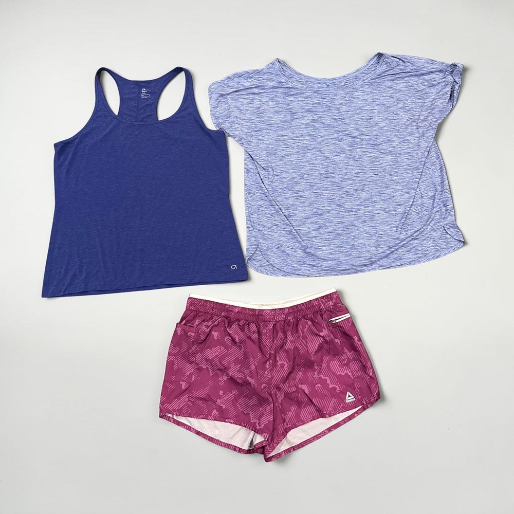 GapFit Breathe Reebok Activewear 3pc Lot Tank Tee Shorts Purple Pink XL Womens